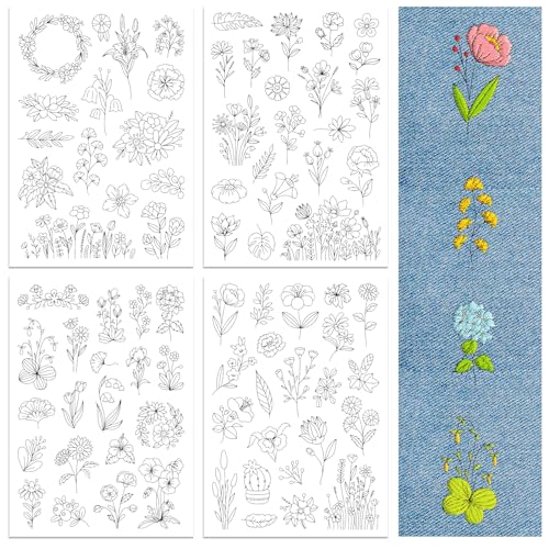peacoblue Water Soluble Embroidery Patterns for Beginners 4 Sheets Wildflower with 77pcs Patterns