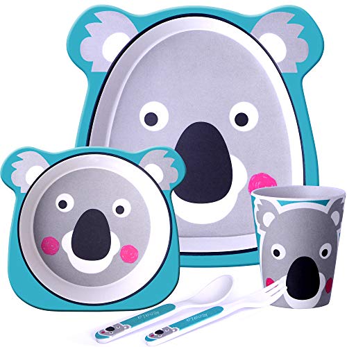 Get Fresh Stoviglie per Bambini in bambù da 5 Pezzi - Servizi da Tavola per Bambini con Ciotola Tazza e Piatto - Koala Motivo Set da Cucina Bambini in Bambu