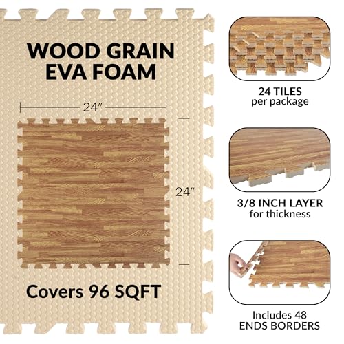 Foam Floor Tiles - 96sqft Wood Grain Interlocking Foam Tiles with Border - Foam Play Mat Playroom or Gym Flooring for Home Gym by Stalwart (Light) by Stalwart - Image 2