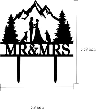 YzYbuaego Mountain Wedding Cake Topper for Forest Theme Outdoors Wedding Party, Bride Groom with 2 Dogs Cake Topper (Mountain and Dog)