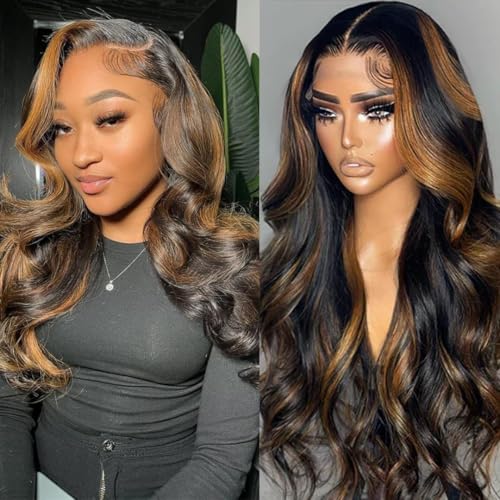 Highlight Ombre Lace Front Wig Human Hair Body Wave, 1B/30, 18 Inch