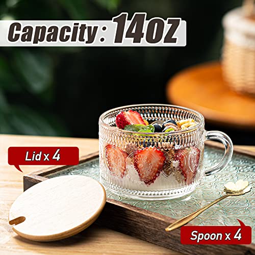 Wookgreat Vintage Coffee Mugs Set Of 4, Overnight Oats Containers With Bamboo Lids And Spoons - 14Oz Clear Embossed Glass Cups, Cute Coffee Bar Accessories, Ideal For Cappuccino, Tea, Latte, Cereal #TOP1