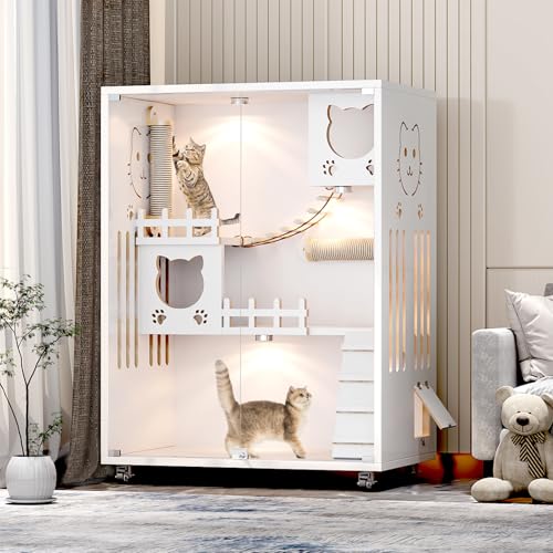 Large Enclosed Cat Condo, Wooden Large Cat Villa, Indoor/Outdoor Cats Enclosure with Wheels, Multi-Feature Cat Houses for Indoor Cats Ventilation Glass Doors, 50" X 36" X 24" (White, 50" X 36" X 24")