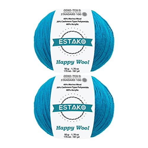Estako Happy Wool (2 Skeins Pack ) 40% Merino Wool 20% Cashmere Type Polyamide 40% Acyrlic Fingering Weight Soft Knitting And Crochet Yarn (2 X 1.76 Oz) (2 X 191 Yds) (8022 - Dark Turquoise) #TOP20