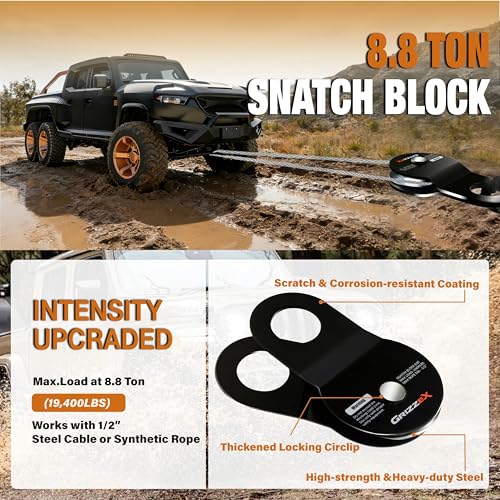 GRIZZEX 8.8T Heavy Duty Winch Snatch Block, 19,400 lbs Working Load, for Synthetic Rope or Steel Cable up to 1/2”, Off-Road Recovery Pulley, Black by GRIZZEX - Image 8