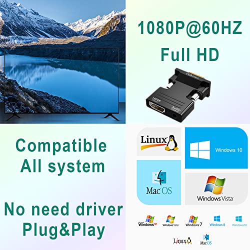 SZJUNXIAO HDMI auf VGA Adapter 1080P HDTV mit Audio Übertragung Konverter, Hdmi Buchse zu Vga Stecker Adapter mit 3,5mm Audioan schluss für PC, Laptop, Monitor, Beamer UVM