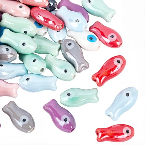 PONABEADIY 1 boîte de 40 Perles en Forme de Poisson de Couleurs Mélangées avec Trous Motif Océan Mer Plage Été Hawaïen Porcelaine Céramique Perles D'Espacement Amples Imprimées pour la Fabrication de