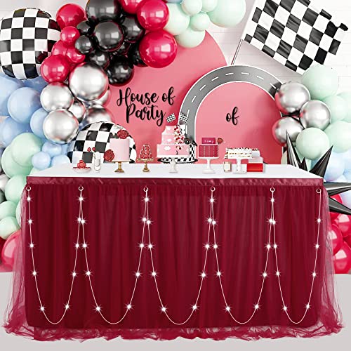 QueenDream FBA-9FT2LayerBurgundy Burgundy Skirt for Rectangle 9FT Table Skirting Tüll-Tischrock für rechteckige Tische, 2,7 m, Polyester und Nylon, Burgunderrot + LED-Licht