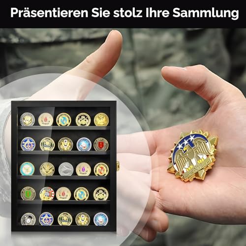 Militärische Herausforderung Münzvitrine, Münzdisplayhalter Wandhalterung mit abnehmbaren Regalen, Schattenbox für Medaillen Pin Badges Buttons