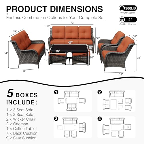 Image of Joyside 7 Piece Wicker Patio Furniture Set, Rattan Patio Chairs with High Back, Deep Seating, Wide Armrest, Thickened Cushions, Outdoor Furniture for Deck, Porch Use