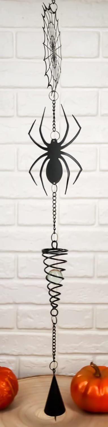 Ebros Gift Arachnid Spider Web Cobweb Black Coated Steel Metal Wall Hanging Wind Chime with Beads Home and Patio Decor Gothic Halloween Macabre Spiders Webs Mobile Noisemaker