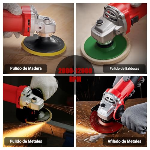 Miniatura 7 de Teeno Amoladora Angular 125 Mm 1000w 2000-12000 Rpm Con 20 Accesorios, Radial Pequeña 125 Mm, Amoladora Pequeña Para Cortar, Esmerilar Y Pulir Metal, Madera, Cerámica Y Piedra, Bolsa De Herramientas