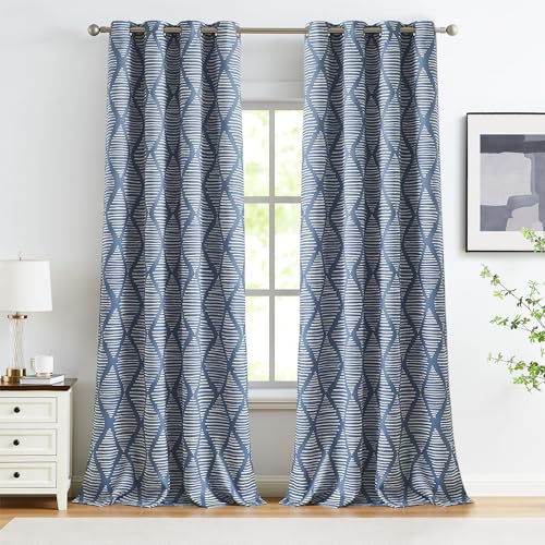 jinchan 100% Blackout Curtains 63 Inches Long for Bedroom, Boho Insulated Curtains Black Printed on Beige Geometric Drapes Back Tab Rod Pocket Room Darkening Retro Farmhouse Pattern 2 Panels