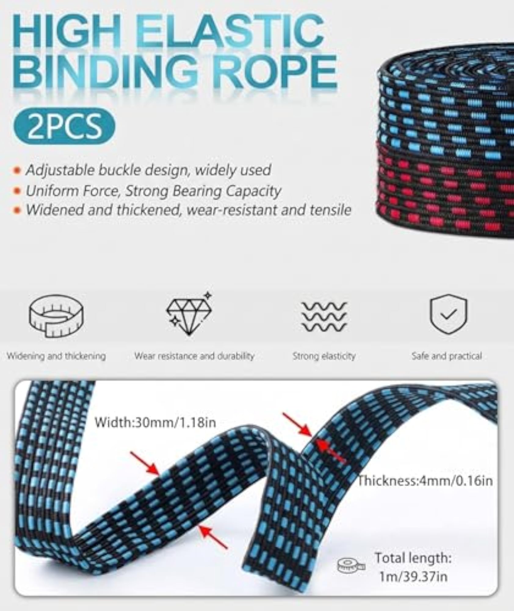 2Pcs Adjustable Bungee Cords with Hooks, 1m