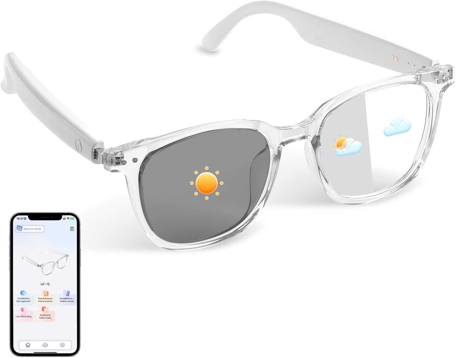 AI Smart Glasses, Bluetooth Audio Glasses with Real-Time Translator (164 Languages), Free APP, Photochromic Sunglasses, Music/Call, Unisex Translation Glasses for Travel/Work (White)