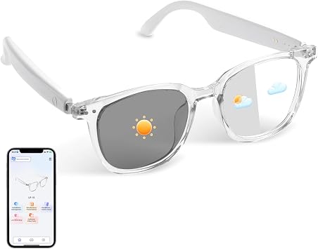 AI Smart Glasses, Bluetooth Audio Glasses with Real-Time Translator 164 Languages, Free APP, Photochromic Sunglasses, Music/Call, Unisex Translation Glasses for Travel/Work White