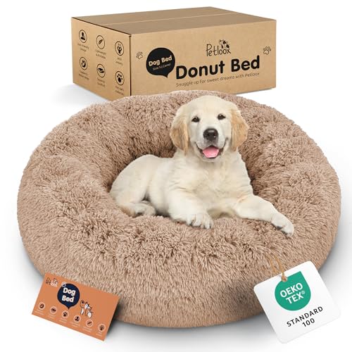 Petloox Donut Dog Bed - Premium Comfort for Anxiety Relief - Fluffy & Calming Design with Ultra-Plush Support | Cozy Round Dog Bed with Super Soft Circle Style (Size S Camel)