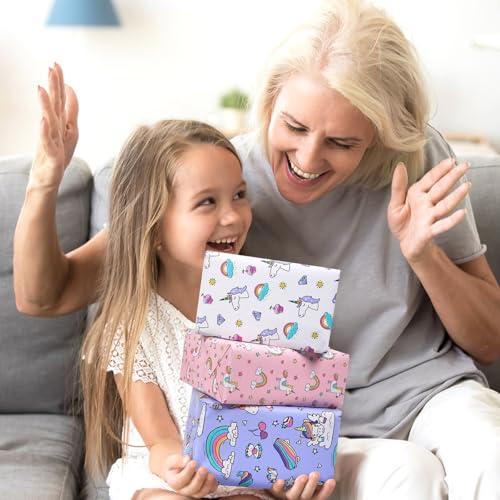 Geschenkpapierrolle zum Geburtstag: 3 Rollen à 43 cm x 3 m – Lila, Rosa und Weiß zum Verpacken von Kindergeburtstagen