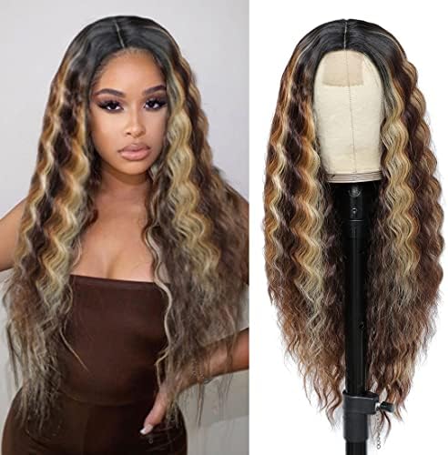 Long Deep Wave Wig Brown Mixed Blonde Middle Part Wig Highlights Synthetic Wig Natural Crimps Curly Lace Front Wigs for Women Hair Replacement Wigs 28"