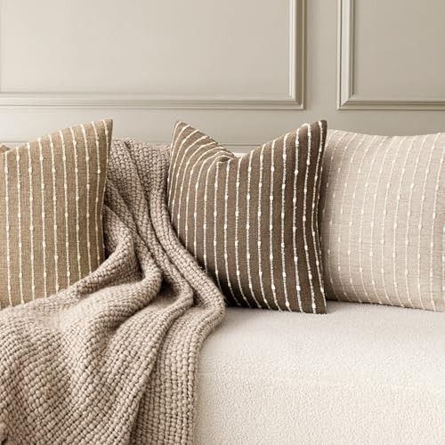 Image of Foindtower Pack of 2 Decorative Jacquard Boucle Throw Pillow Covers Accent Textured Striped Pillowcases Cozy Modern Cushion for Couch Sofa Bedroom Living Room Home Decor 18x18 Inch Brown