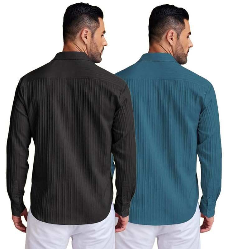 Image of DEELMO Combo of Men's Casual Button Down Shirts Long Sleeve Linen Shirt Fashion Textured Summer Shirts Pack of 2