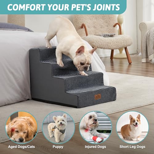 Image of COZY KISS Dog Stairs for Small Dogs, 17.7 inch Extra Wide Right-Angle Pet Stairs for Couch and Beds, Anti-Slip Dog Steps for Old Cats and Lowrider, 17.7x23.6x17.7 inch, Dark Grey