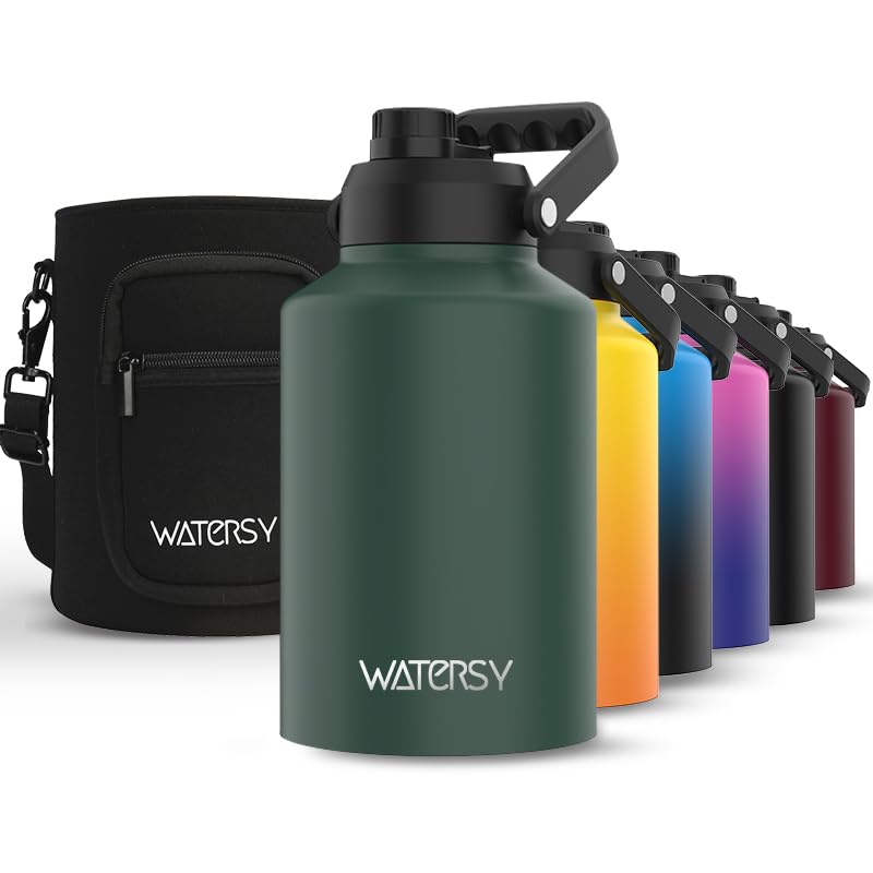 WATERSY 1 Gallon Water Bottle Insulated(Cold for 48 Hrs),BPA Free&amp;Leak Proof,128oz Stainless Steel Water Jug,Big thermo,Large Water Bottle with Handle for Gym,Hiking,Camping&amp;Travel,Dark Green