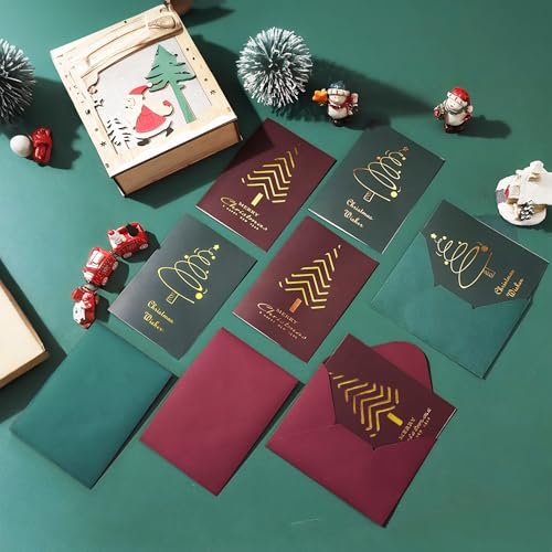8 peças de cartões comemorativos dourados de Natal - Cartões de Natal vermelhos e verdes com envelopes (sem adesivos), cartões festivos de Natal para família, amigos e colegas