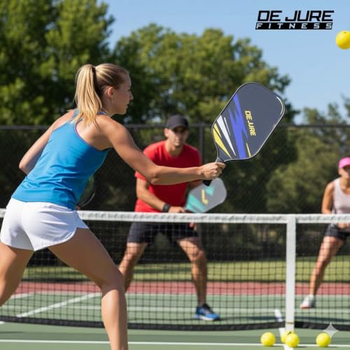 Image of De Jure Fitness 16 MM Pickleball Paddle - 2 Premium Fibre Glass 16 MM Rackets Honeycomb Composite Core with Cushion Comfort Grip & 4 Balls & Portable Racquet Bag (2 Rackets + 4 Balls+ Bag)