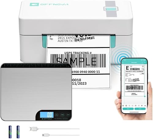 OFFNOVA Paquete de impresora térmica de etiquetas Bluetooth y escala de envío postal