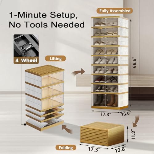 Image of SYNCVIBE Shoe Rack Organizer for Closet Entryway Foldable Sneaker Storage Shoe, Collapsible Shoe Cabinet, Stackable Shoe Storage Cabinet with Lids for Living Room (9 Tiers -18 Pairs White Gold)