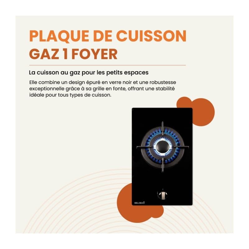BELDEKO Plaque Gaz 1 Feu Double Couronne Verre Noir - Marque Française