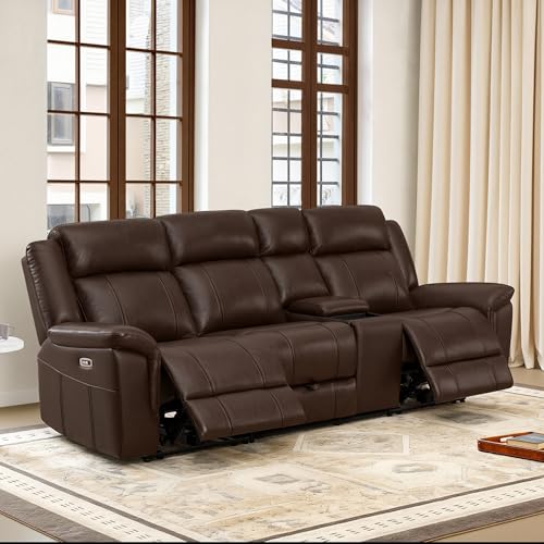 Image of CHITA Leather Power Recliner Sofa, Dark Brown, 3-Seat with Console