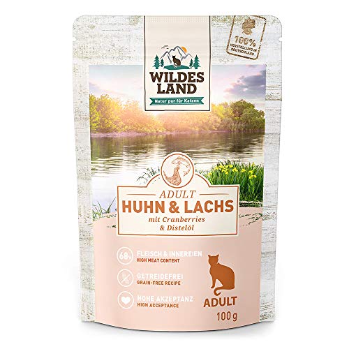 Wildes Land Nassfutter für Katzen, Huhn und Lachs, 12 x 100 g