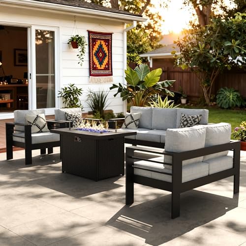 LayinSun Aluminum Furniture Set with Fire Pit Table, 5 Pieces Pat...