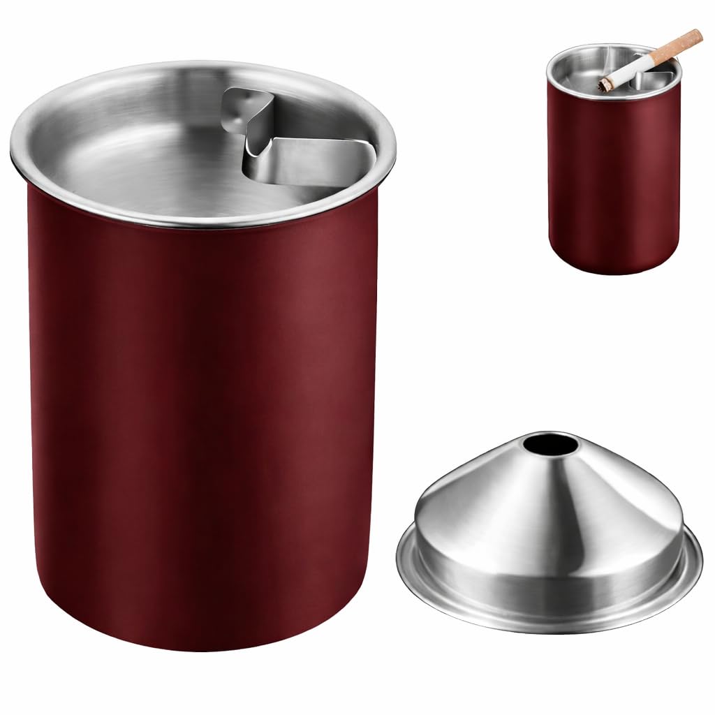 Car Ash Tray Stainless Steel, Black Windproof Ashtray with Funnel Lid, Compact Table Ashtray for Home & Office, 3.9 x 3.9 x 3.9 Inches (Red)-image-39