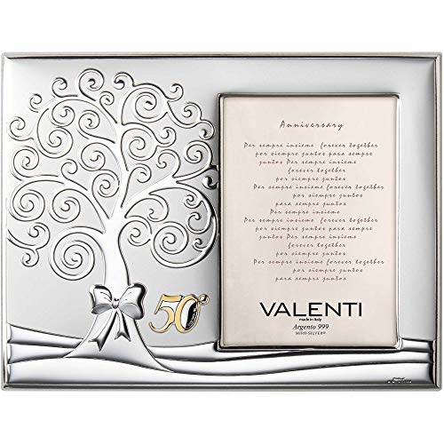 Cornice portafoto di valenti. Cornice portafoto in argento laminato con albero della vita. Ideale come regalo di nozze d'oro. Le dimensioni sono 10x15 cm. La referenza è 51082 3xl