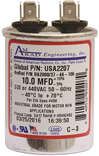 AMRAD ENGINEERING USA2207 Series Round USA-Made Motor Run Capacitor, 10 Mfd, 370 440 Vac-132323