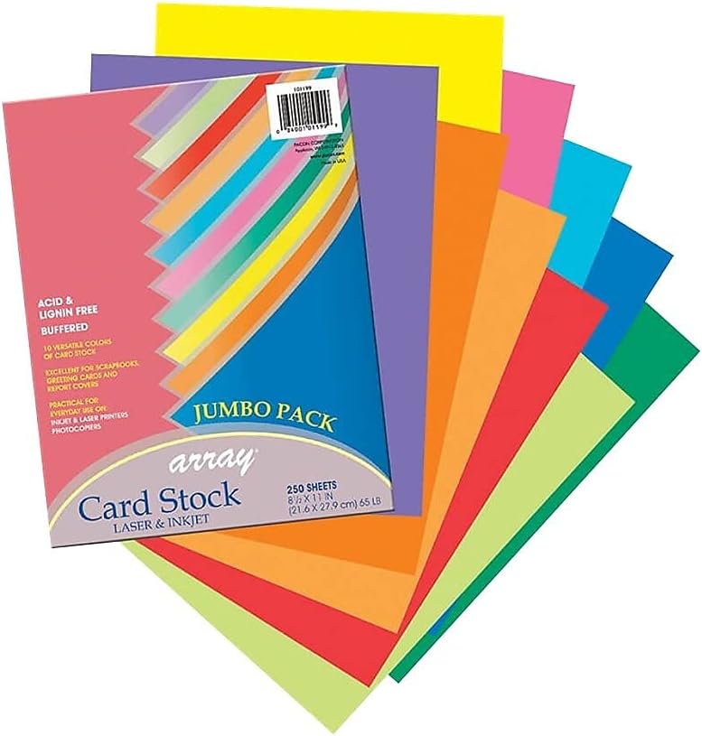 Pacon 101199 Array Card Stock, 65 lb, Letter, Assorted Lively Colors, 250 Sheets/Pack