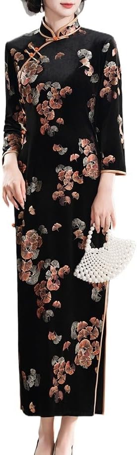 HEARTTOUCH Women Velvet Stretchy Chinese Cheongsam Elegant Floral Qipao Dress Slim Fit Chi Pao Party Cocktail Wedding Dresses