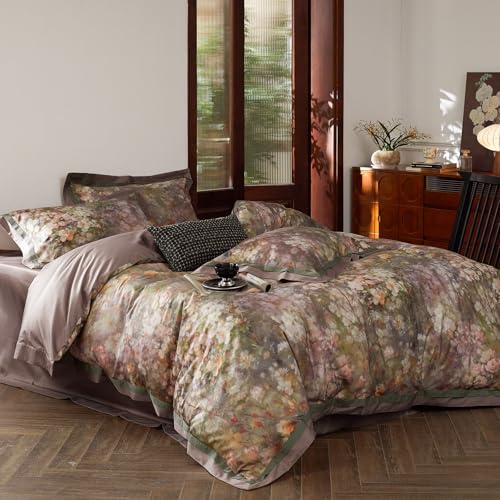 VM VOUGEMARKET Garden Flower Duvet Cover Set Queen,3 Pieces Pink Floral Duvet Cover with 2 Pillow Shams Smooth Silky Long Staple Cotton Bedding Set-Queen,90x90 Inch