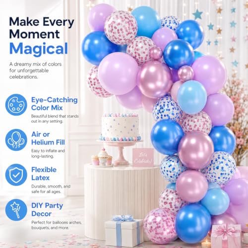 Image of Pink and Blue Balloon, 50Pcs 12 Inch Pastel Pink Blue Purple Confetti, Royal and Metallic Confetti Balloons for Birthday, Baby Shower, Gender Reveal Supplies