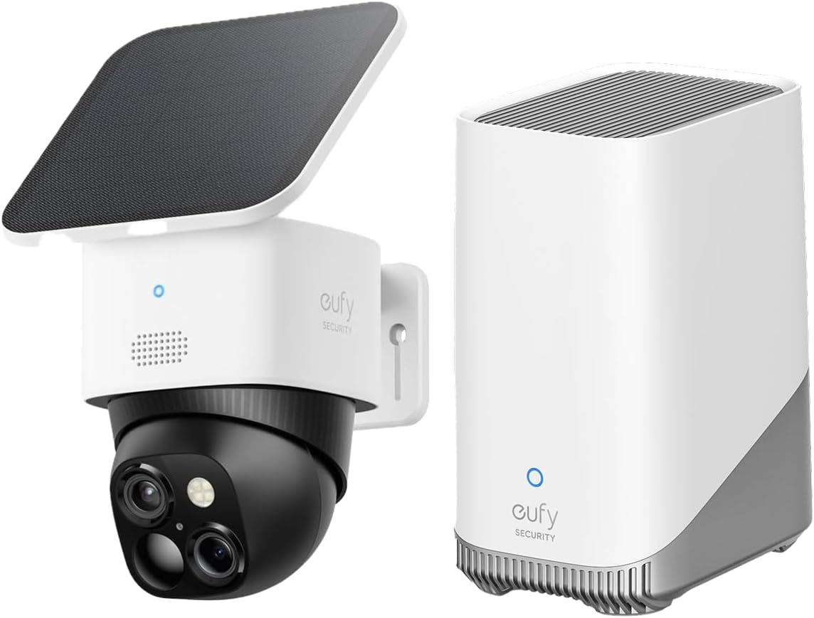 Cámara dual 3K, SoloCam S340 con HomeBase S380, cámaras de seguridad solares inalámbricas para exteriores, cámaras para seguridad del hogar, cobertura de 360°, giro e inclinación, sin puntos ciegos, sin tarifa mensual.
