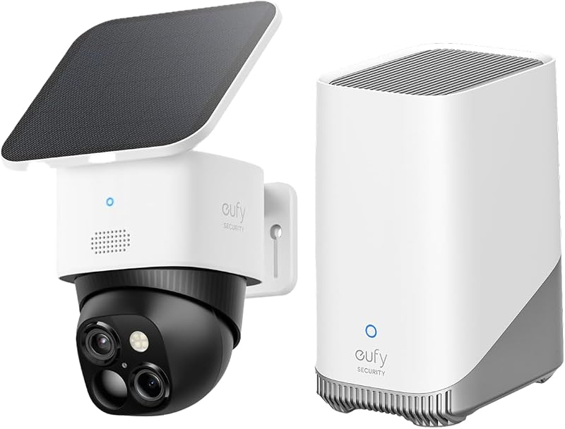 Cámara dual 3K, SoloCam S340 con HomeBase S380, cámaras de seguridad solares inalámbricas para exteriores, cámaras para seguridad del hogar, cobertura de 360°, giro e inclinación, sin puntos ciegos, sin tarifa mensual.