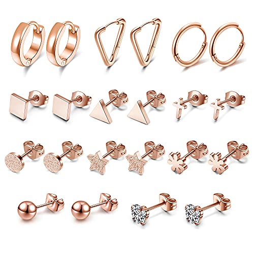 JSDDE 11 Paare Edelstahl Ohrringe Set für Damen Mädchen Stern Kreuz Blumen Kugel Ohrstecker Geometrische Creolen Ohrringe Einfacher Knorpel Tragus Helix Ohr Piercing (Rosegold) Cover