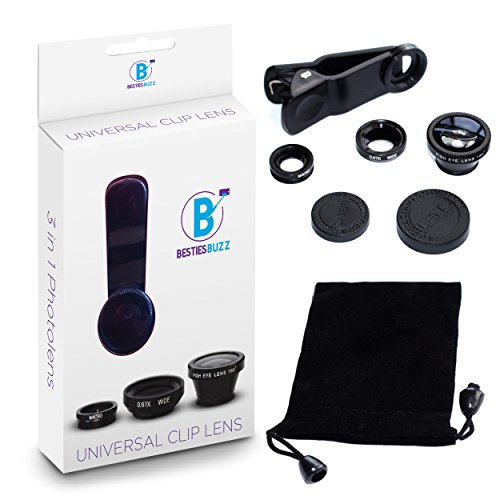 Besties 3in1 Universal 180° Fisheye Lens + Wide Angle + Macro Lens Clip Camera Photo Kit - Suits All iPhone 4, 5, 6 Models, iPad, Samsung Galaxy S3, S4, S5, S6, Note and Other Smart Phones (Black)