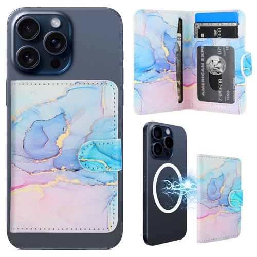 Image of HAOPINSH for MagSafe Wallet Magnetic Wallet Card Holder, Pink Blue Marble Pattern Detachable Adjustable Flip Leather Kickstand Mag Safe Card Slots RFID Blocking for iPhone 16 /15 /14 /13 /12 Series