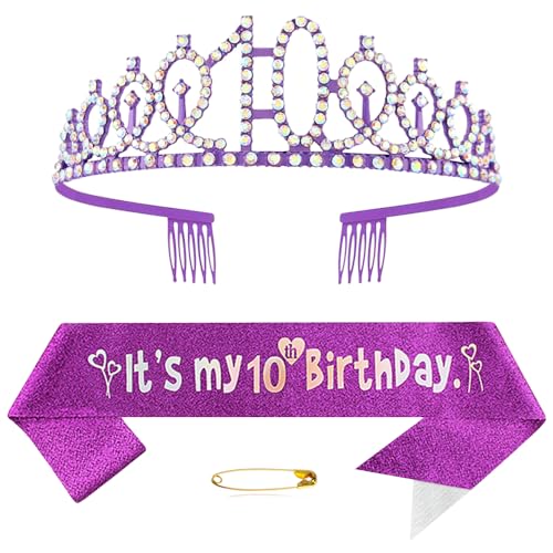 10. Geburtstags Krone und Schärpe für Mädchen Kristall Queen Tiara Princess Crown Lila 10th Birthday Schärpe 10th Geburtstagskrone Geburtstagsschärpe Girls Geburtstag Dekoration Geburtstagsgeschenk
