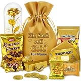 Un sac plein d'or – Sac cadeau en satin réutilisable avec impression personnalisée pour cadeau d'argent avec friandises dorées et lingot d'or à remplir, taille XXL