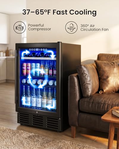 Image of 24 In Beverage Refrigerator, 112 Cans & 8 Bottles Wine Fridge with Double-Layer Glass Door, Built-In or Freestanding Wine and Beverage Refrigerator, Under Counter Fridge for Home /Bar /Cafe